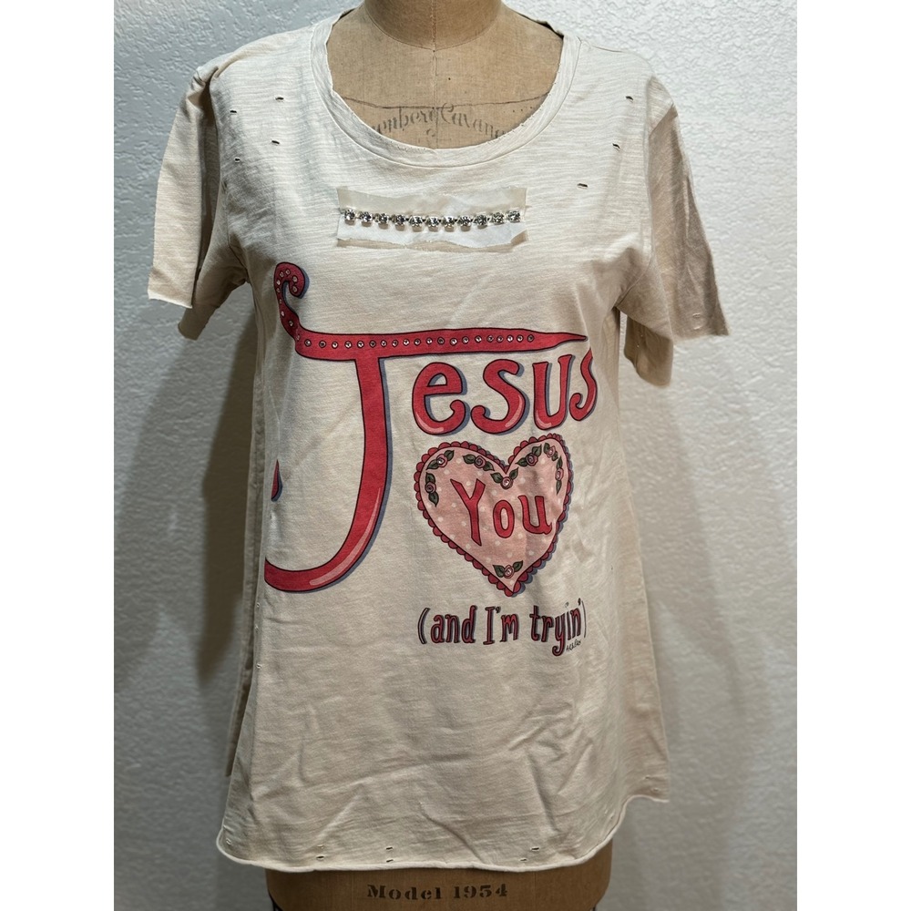 A Rare Bird Womens‎ Rhinestone Tan Tee Jesus Loves You Distressed Size S/M NWT